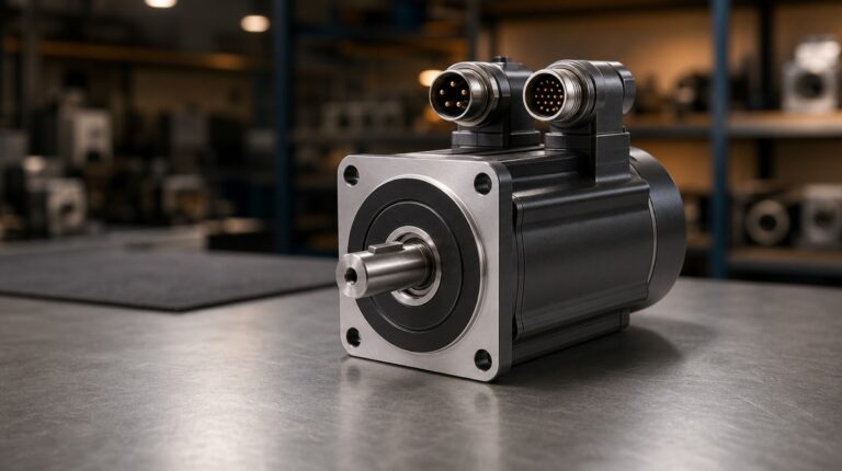 Illustrative render of an industrial rotary servo motor with square mounting flange, keyed shaft and right-angle connectors on a workshop bench