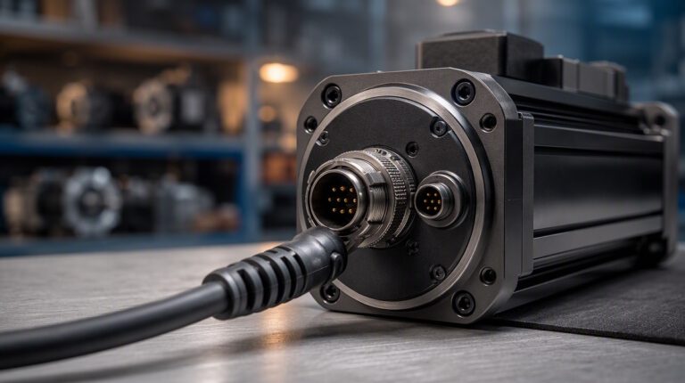 Servo motor feedback connector on a workshop bench.