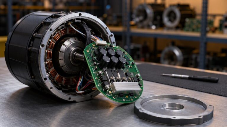 Opened EC motor electronics module on a repair bench.