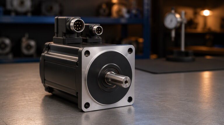 Servo motor shaft being turned by hand on a bench.