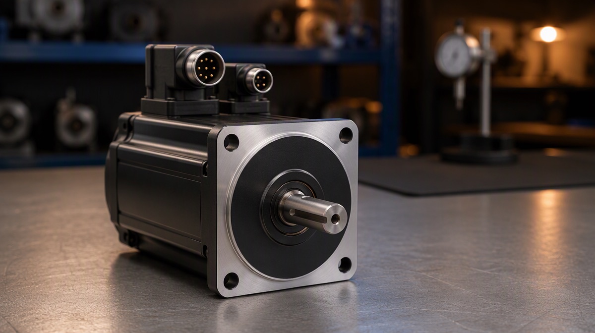 Servo motor shaft being turned by hand on a bench.
