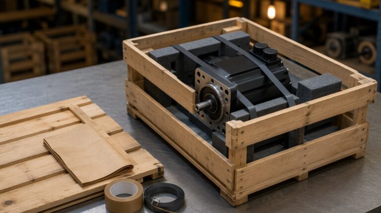 Industrial motor packed for depot intake.