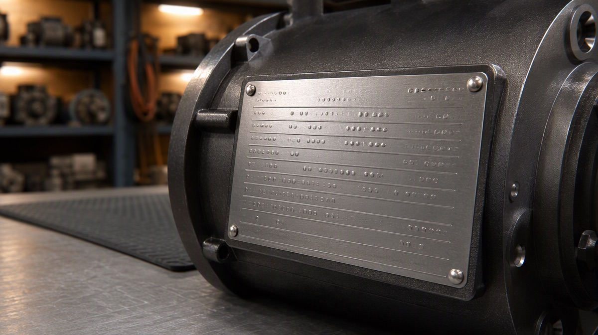 Nameplate on a special-purpose industrial motor.