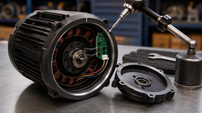 Technician checking Hall alignment on a brushless motor.