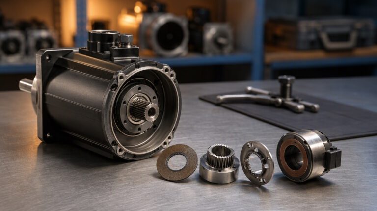 Servo motor holding brake on a workshop bench.