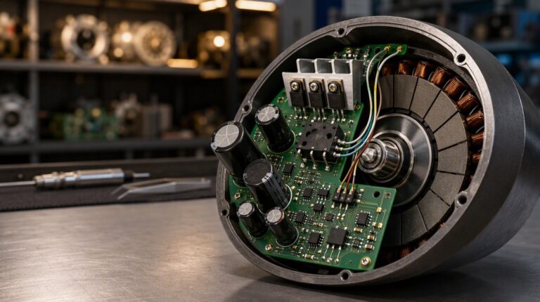 Opened EC motor electronics module on a repair bench.