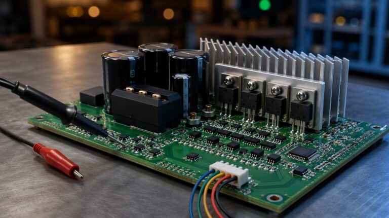 EC motor power board on a workshop bench, capacitors and Hall connections visible.