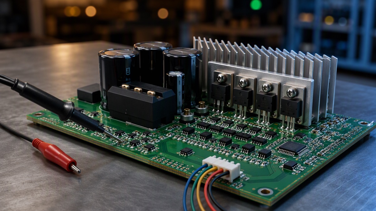 EC motor power board on a workshop bench, capacitors and Hall connections visible.