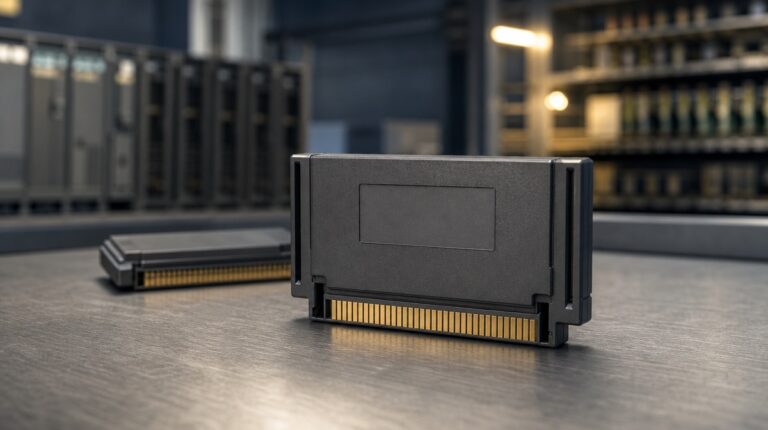 Illustrative render of a legacy PLC memory module cartridge with a gold edge connector resting on a workshop bench