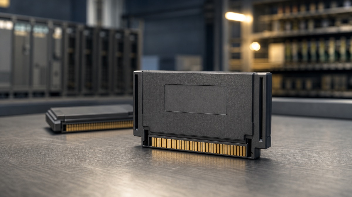 Illustrative render of a legacy PLC memory module cartridge with a gold edge connector resting on a workshop bench