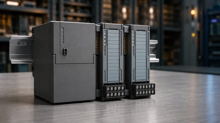 Illustrative render of a generic modular PLC rack with CPU and signal modules on a workshop bench