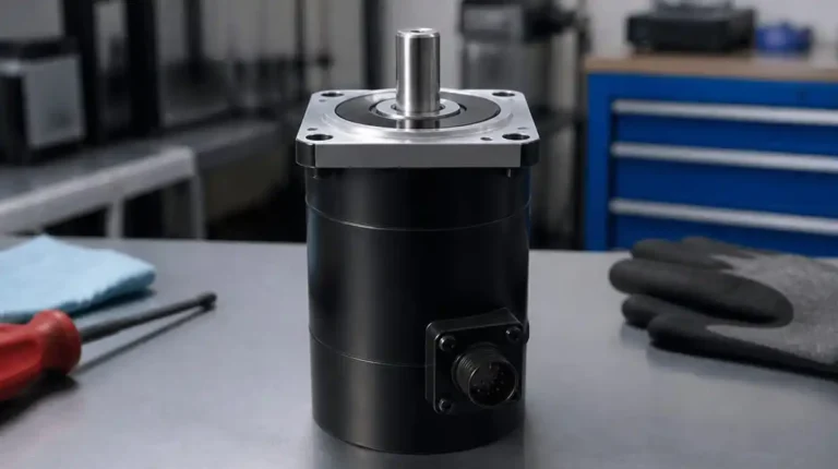 Industrial AC servo motor on a workbench, representing OEM-verified servo motor service life intervals for preventive maintenance planning