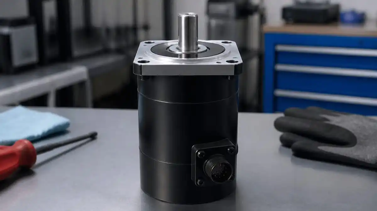 Industrial AC servo motor on a workbench, representing OEM-verified servo motor service life intervals for preventive maintenance planning