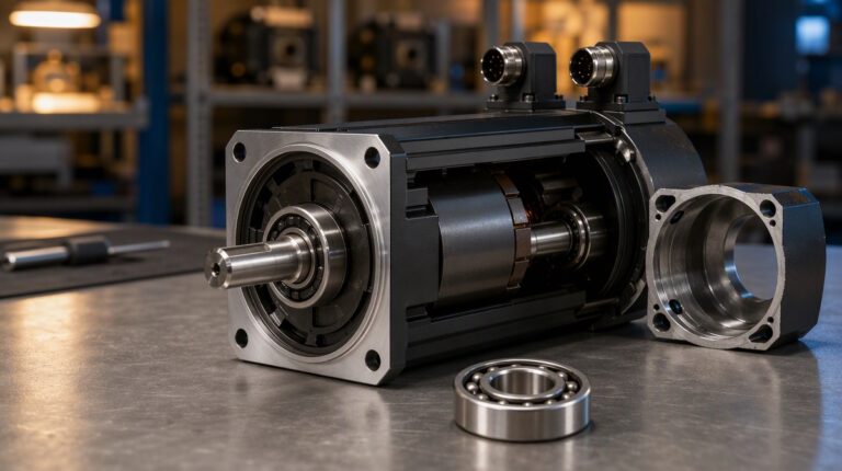 Illustrative render of an opened industrial servo motor showing the rotor, shaft and a ball bearing on a workshop bench