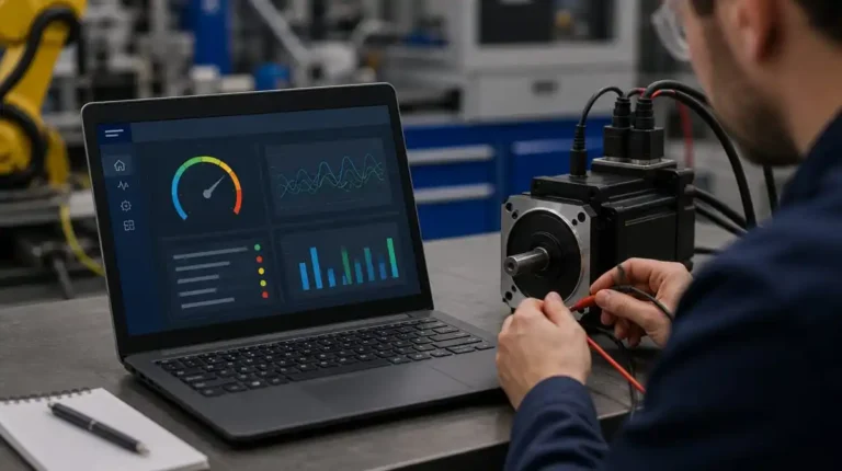 Industrial maintenance technician reviewing an abstract servo motor diagnostic dashboard on a laptop, representing the Servo Health Check tool methodology