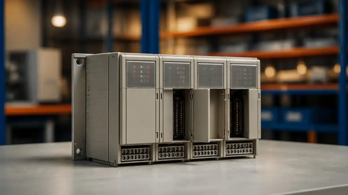 Industrial modular PLC rack matching Allen-Bradley SLC 500 1747 series form factor, shown on a workbench, representing legacy PLC catalog number sourcing