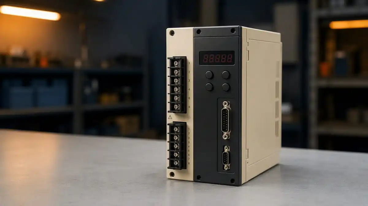 Industrial servo amplifier drive unit matching Yaskawa SGDM series form factor, shown on a workbench, representing legacy Yaskawa SGDM/SGDH servo drive support and end-of-life maintenance planning