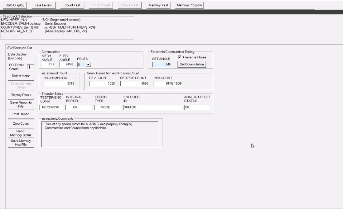 Commutation alignment screen showing mechanical and electrical angle, pole count and electronic commutation setting