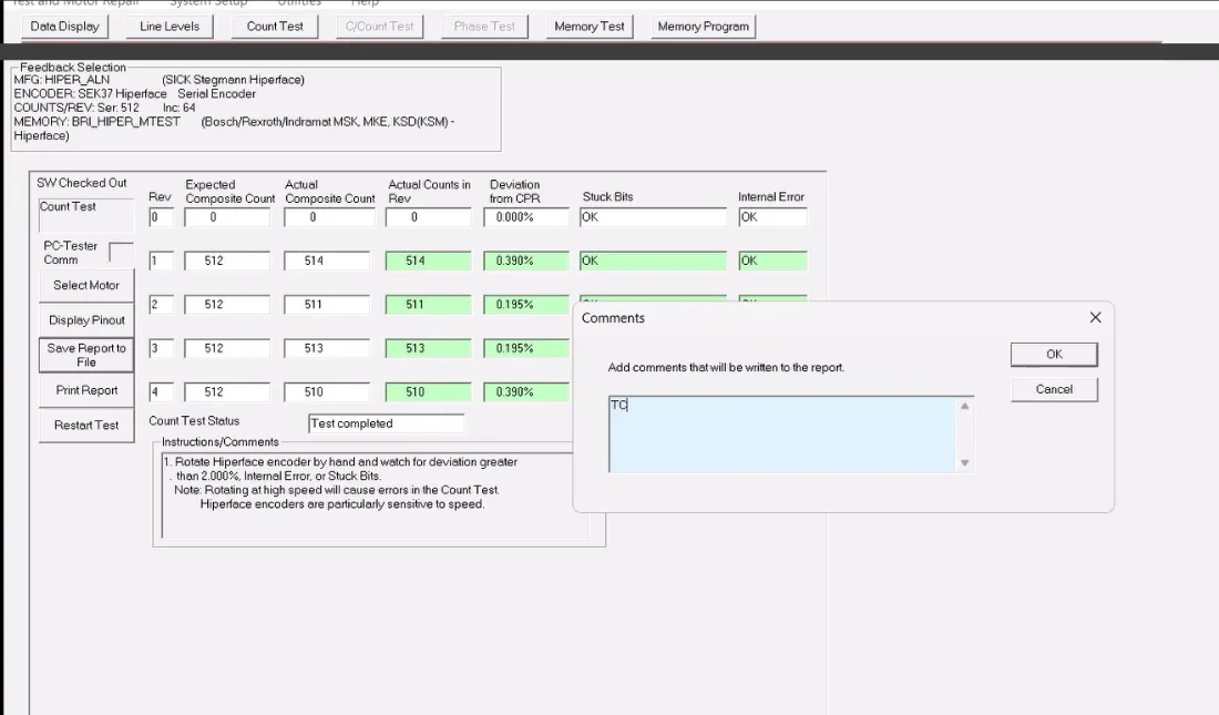 Count test on a Bosch Rexroth servo motor Hiperface encoder showing deviation per revolution and stuck bits