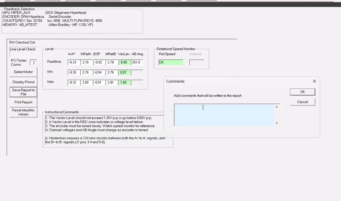 Sine and cosine line level check on a Hiperface servo motor encoder