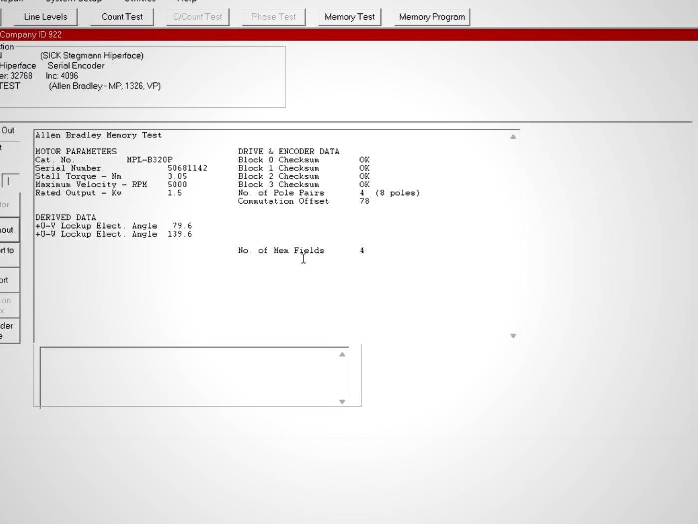 WinTI5000JX software reading an Allen-Bradley encoder memory report on the Mitchell TI-5000JX platform