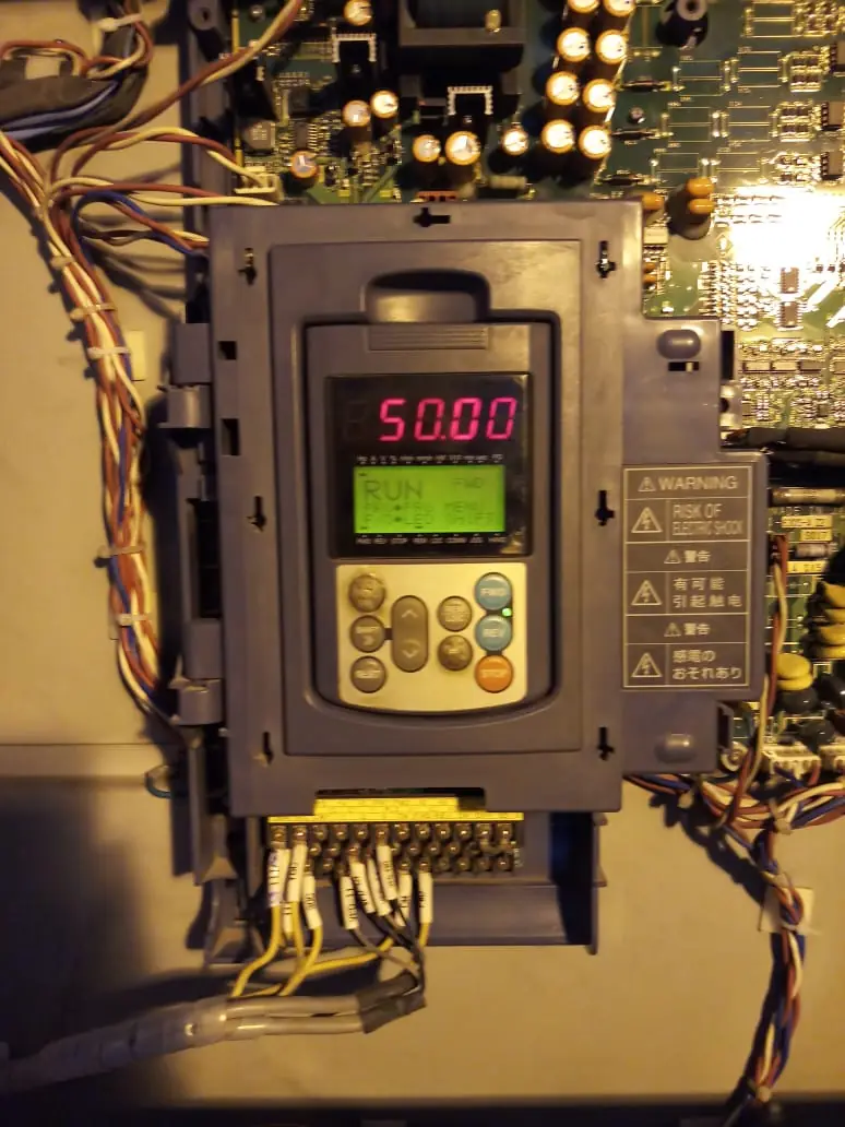 A repaired VFD back in service, running at 50 Hz